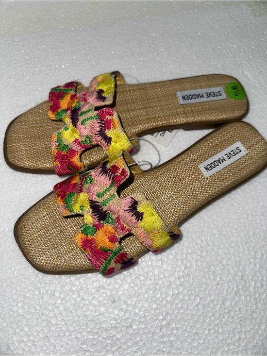 Steve Madden Shoes - Steve Madden Tan Slides with Multicolor Floral Embroidery